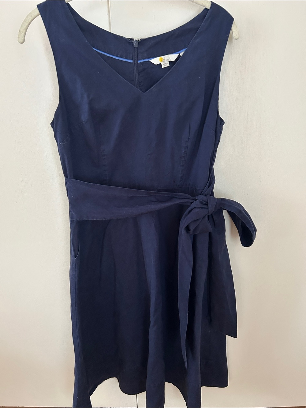 Boden Navy Linen Sleeveless Dress Waist Tie, Pockets, Back Zip 6P